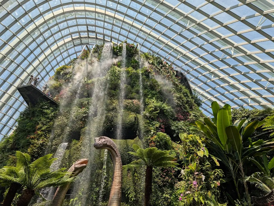 We also visited the Botanic Gardens. One of the main attractions are these big enclosed domes. The domes are climate controlled (and they do scheduled misting, which is super refreshing when you come in from the schweddy out of doors). These domes were like ten storeys tall? The brontosaurus is for scale, they had a bunch of dinosaurs over, there was a whole Jurassic Park thing. I guess Jurassic Park figured out the kinks with their plan in the intervening years. I didn’t see any velociraptors.