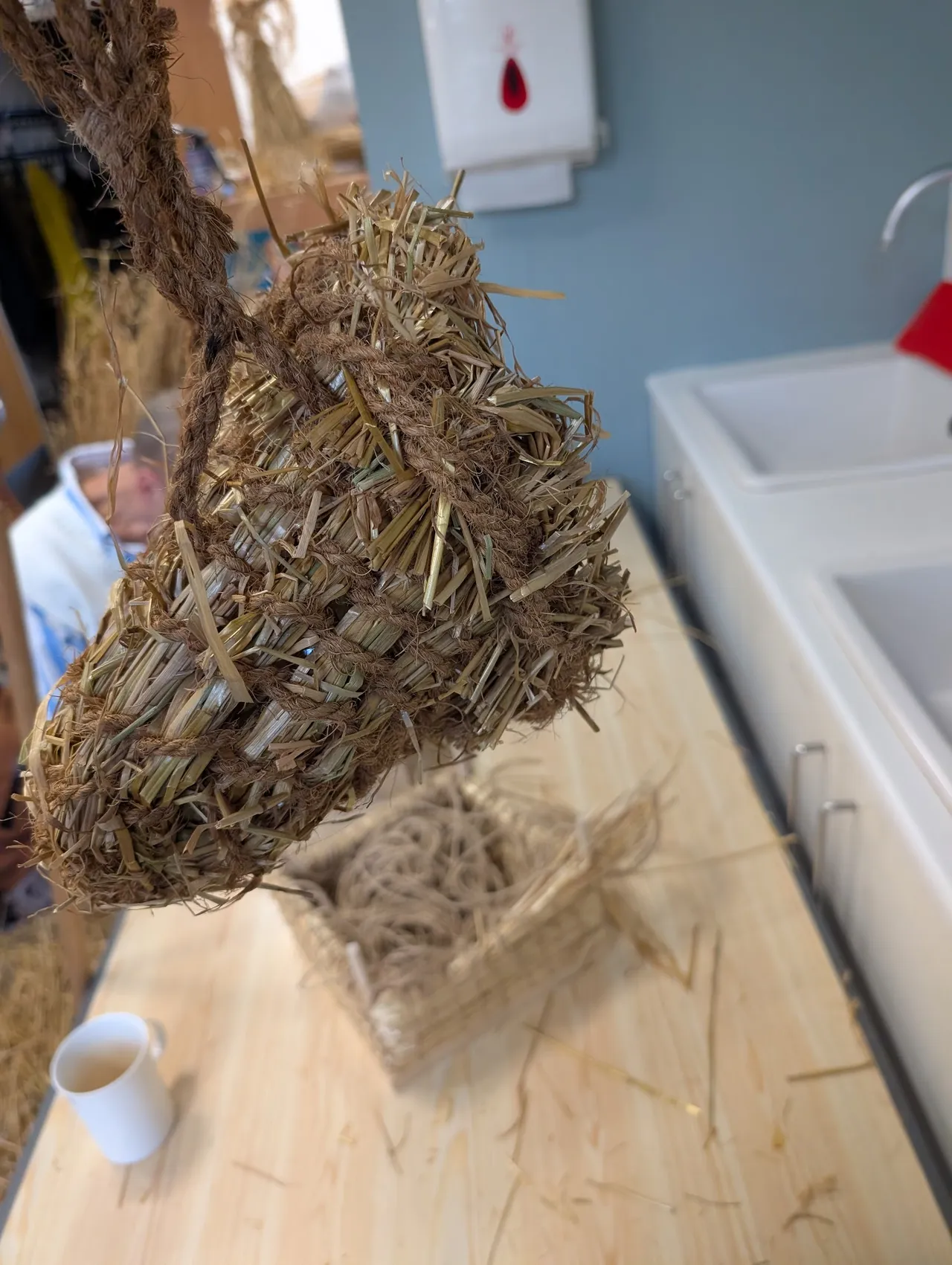 I also learned the rudiments of making a rope from raw materials, but I didn’t have time to do that. I took the coir twine and coiled it to make a bigger rope, but that’s it. It is still pretty rough around the edges and imperfect, but I’m hugely proud of this thing, and have been thinking nonstop about how to make other baskets when I get home.