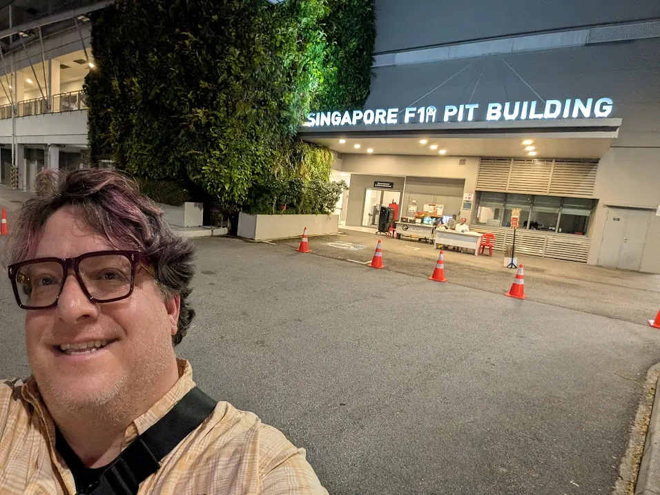 The Singapore F1 race is in October; it is a street circuit so most of the streets I walked were part of the race. The pit building is permanent. We were in Singapore just a few days before its 60th anniversary celebration, so there was some extra stuff set up in the pit straight, but ultimately it was just a big dark fenced-in street I walked to late after we got to Singapore (I did not want to miss it later, so I just ran off for an hour and wandered around right after we got in).