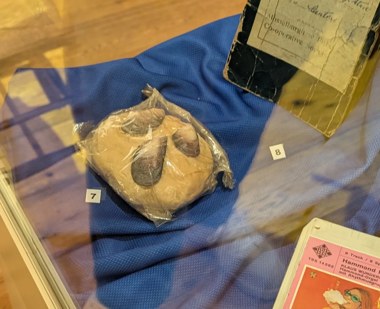 In the Musselburgh museum, a case full of display relics we see an old store ledger, an eight track tape, and a bread roll done up in the shape of the Musselburgh town crest (there are, unsurprisingly, mussels on the crest). This dinner roll is fifty years old, and the docent tells me it's the best preserved of the rolls they have from that era.