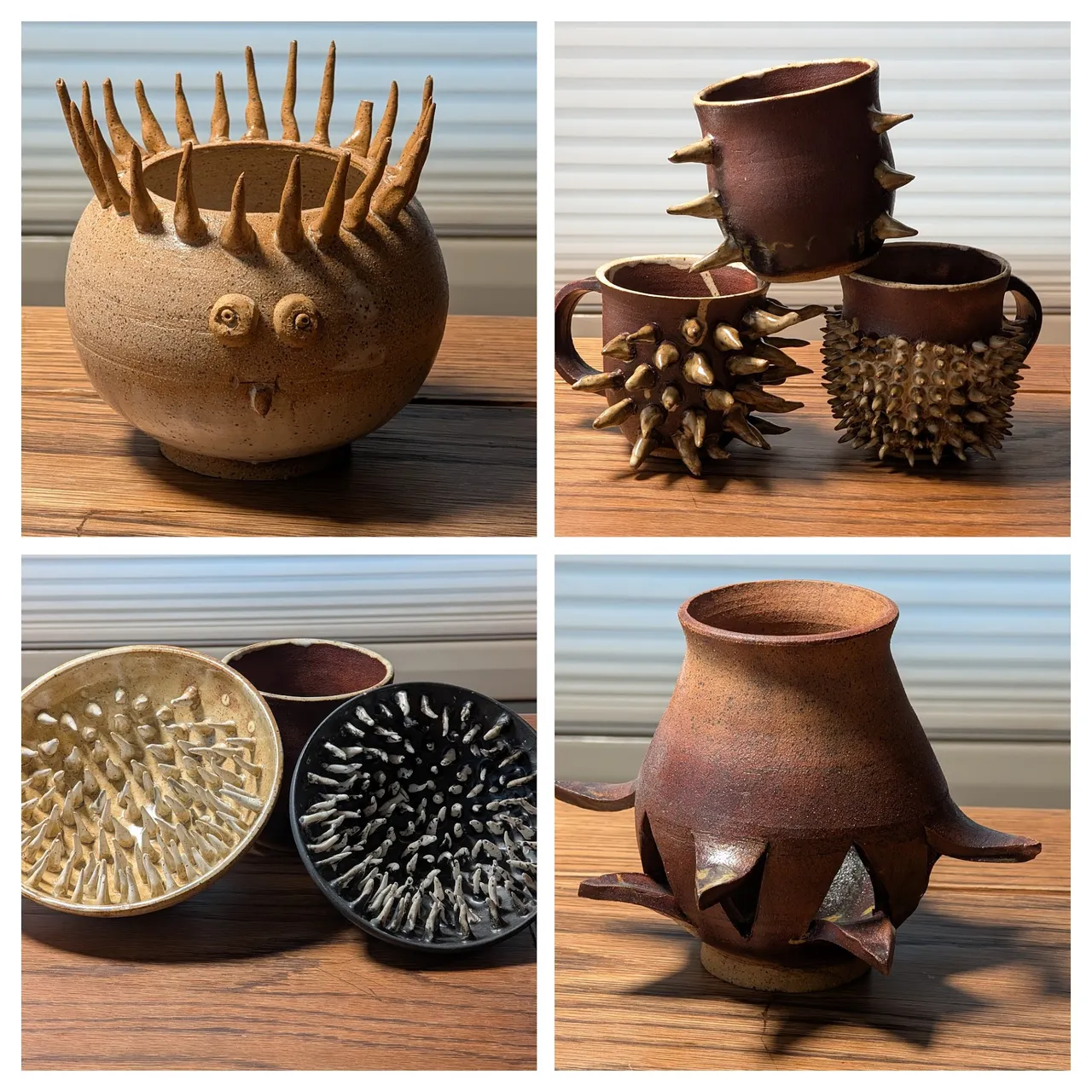On the other hand, I’m not sure these would find people willing to buy them, but they are more artistically satisfying. For whatever reason, I enjoy making objects that are kind of useless. They should make you ask “but what is that for?” The mugs I made because I kept seeing people hold mugs in their palm, with their hand opposite the handle, instead of using the handle. The one on the top has no handle, and is honestly my favorite. The spikes are really great for holding the mug when it is hot, and then once it cools a little the mug feels great in the hand.