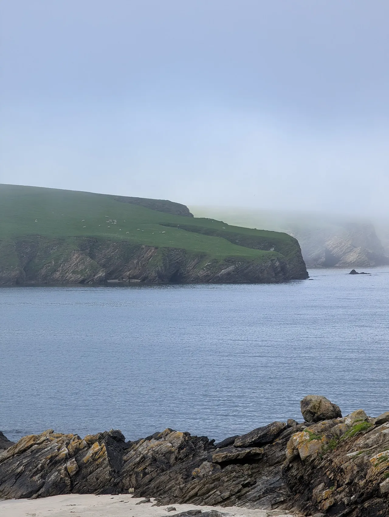 St Ninian’s in the distance. The fog had covered it when we rolled up (we could hear but not see the sheep), but there was a brief clearing before it came back. There’s a natural sandbar connecting that island to the main island, formed by ocean waves breaking both ways around the island and meeting in the middle. A standing wave of interference patterns made manifest in the depositing of sand.