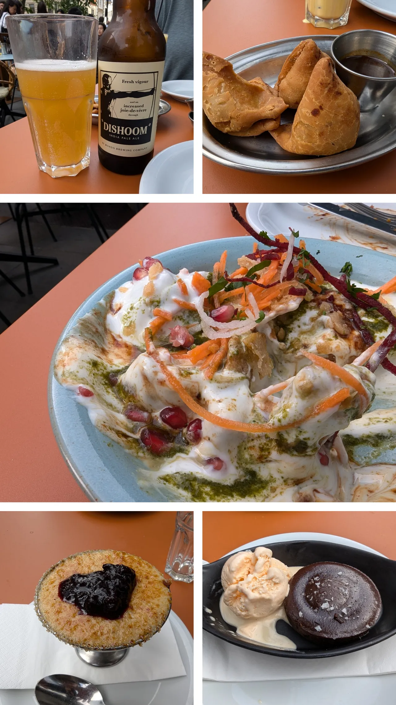 Some of our dinner (that which I remembered to document) from Dishoom: Sweet potato chaat, veggie samosas, coconut rice pudding, chocolate pudding with cinnamon iced cream, house IPA. You know: India Pale Ale, so it’s relevant here, these were the beers they brewed in England to ship to India, with higher alcohol and hop content so they made the journey intact. I don’t know why they didn’t just ship the grain and the hops and brew locally, but I do like me an IPA. We also had a curry shrimp and grilled mushrooms that we tore into before I remembered to take a photo. Oh and also a spicy grilled street corn. I had to be rolled home in a cart.