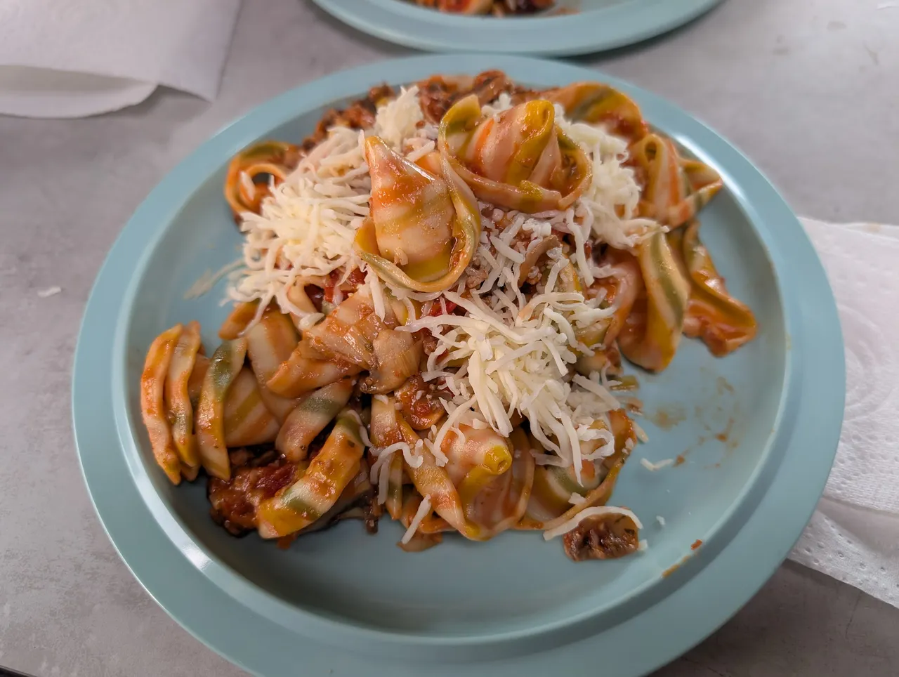 Dinner was these fancy party hat pastas, in a sauce made mostly of local Scottish produce and a little local pork sausage.