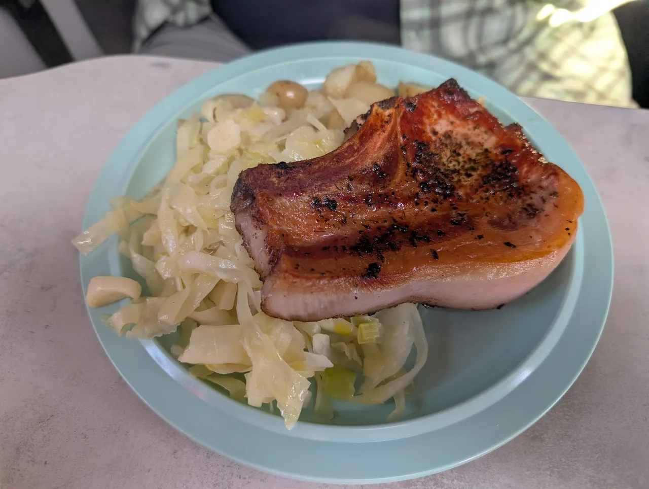 Dinner was locally farmed pork chops, plus a sautee of cabbage, leeks and garlic (I really like cooked cabbage, it rules; this was the other half of a cabbage head I cooked up with sausage a few days ago), and some skillet potatoes. I’m getting better at cooking in the RV - I can do a three dish meal if I juggle which two are on heat at any given time, and although I’ve had some close calls, the only true disaster-spill was some ground coffee. That really was a disaster though, my Hydrangea coffee is a precious commodity. The stuff I got earlier at Coffee Apothecary is very good though. Way better than the grocery store beans I thought I was going to have to make do with.