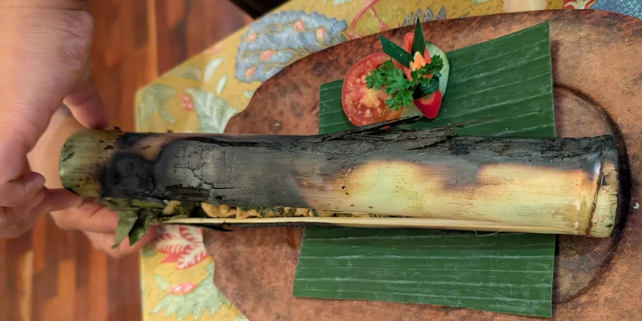 Dinner at Munduk Moding. Chicken curry cooked in a bamboo stalk over a grill. It was fabulous.