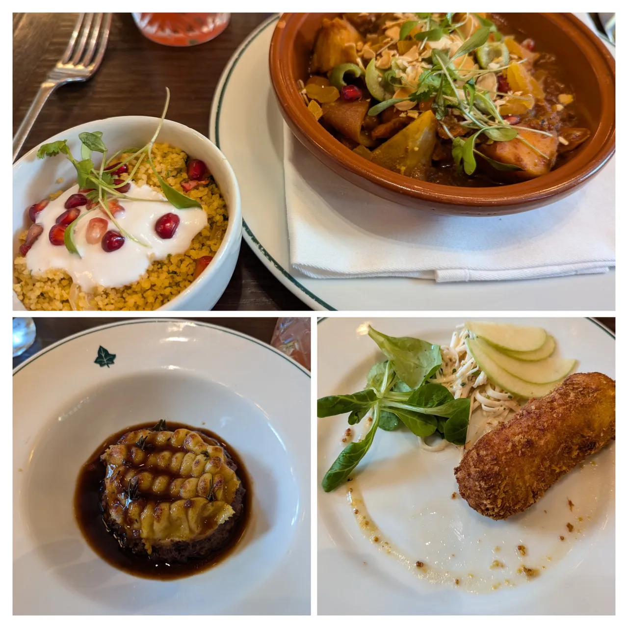 A pretty traditional lunch. Veggie Tagine, Shepherd’s Pie, Ham Croquette. Had at the Ivy House in Richmond.