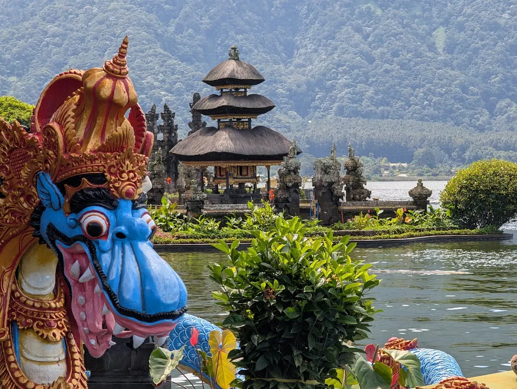 After the garden, we went to Pura Ulun Danu Beratan, a water temple. It is on a beautiful lake, and the main goddess this temple is devoted to is Dewi Danu, a river goddess. This lake is one of four major Balinese lakes, and the source of much of the irrigation water used to grow rice throughout the island. Without these lakes and extensive irrigation, rice paddies would be impossible.