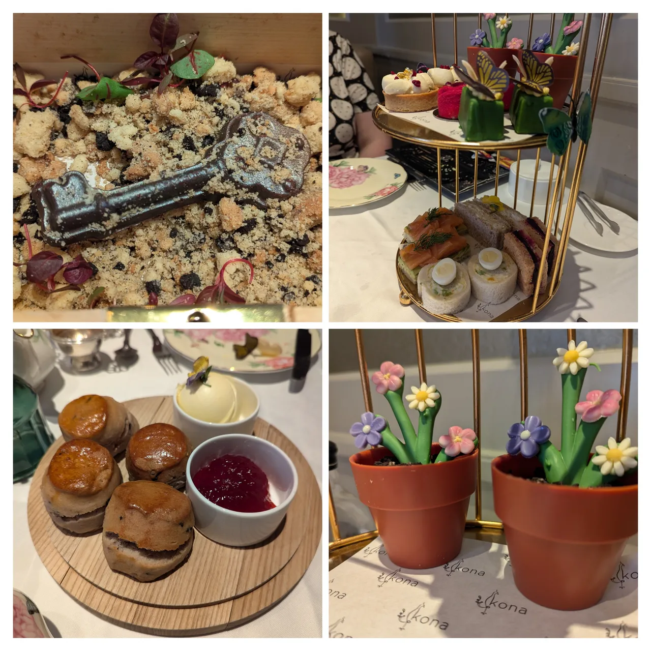 The Tea was themed around the secret garden, so there’s a key buried in cookie dirt as the opener, plus lots of delicious snackables themed around the book. Sweet was: mango ganache on olive oil and lime cake, tart with basil almond cream, raspberry ganache in a rose mousse, and a chocolate flowerpot. Savory was: egg and cress rolls, salmon and avocado on spinach bread, chicken salad, beetroot sandwich. We had seconds on the salmon, chicken salad, and egg and cress. Plus scones.