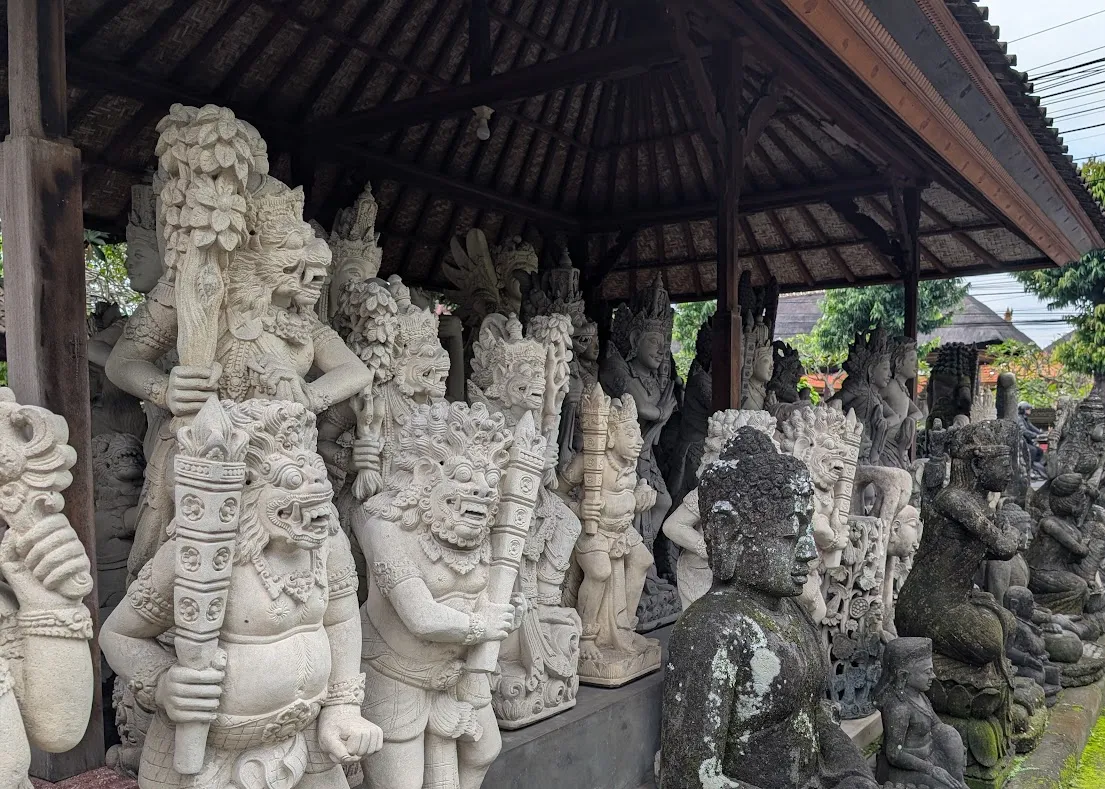 Statues in the process of becoming weathered. Clients will sometimes pay extra for a statue with good weathering and moss; it makes it look like they have had it for a long time. Other clients will order a very specific thing, so they get a white (most are limestone) statue.