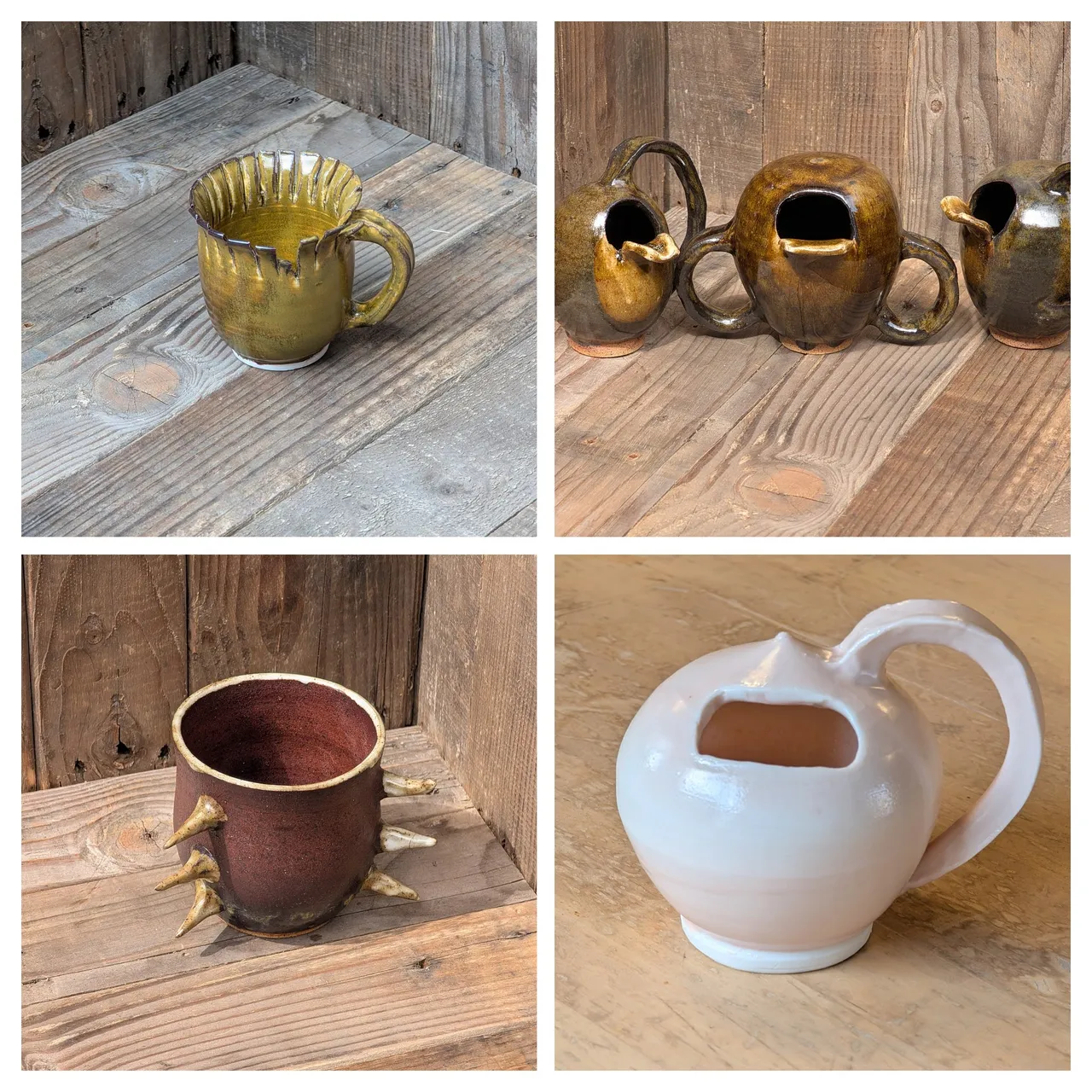 These are all attempts at making a mug that is difficult to drink from. The spiked one, ironically, is very comfortable in the hand, if you wrap your fingers between the spikes. The rest all leak on you in various ways.