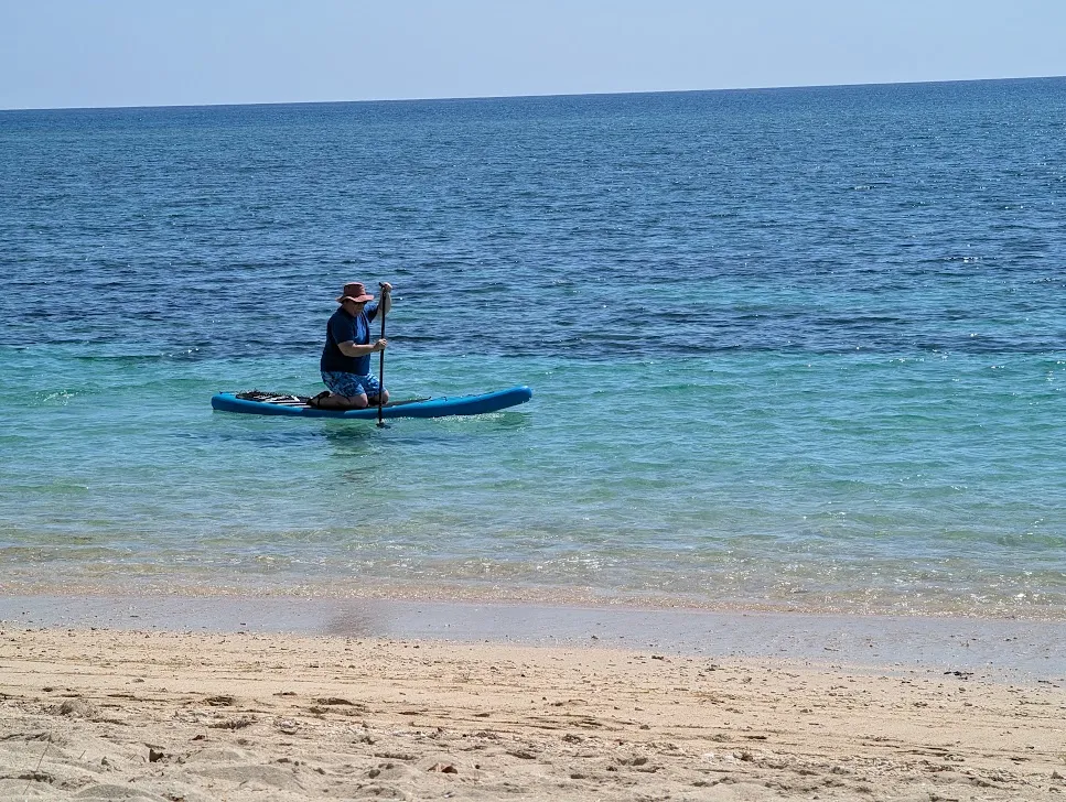Stand-up paddleboarding is a lot harder with these semi-inflatable boards. They’ve got nearly no moment of inertia, so while I could balance okay laterally, the board shook a lot forward-backwards. I never made it upright, but I also didn’t fall in.