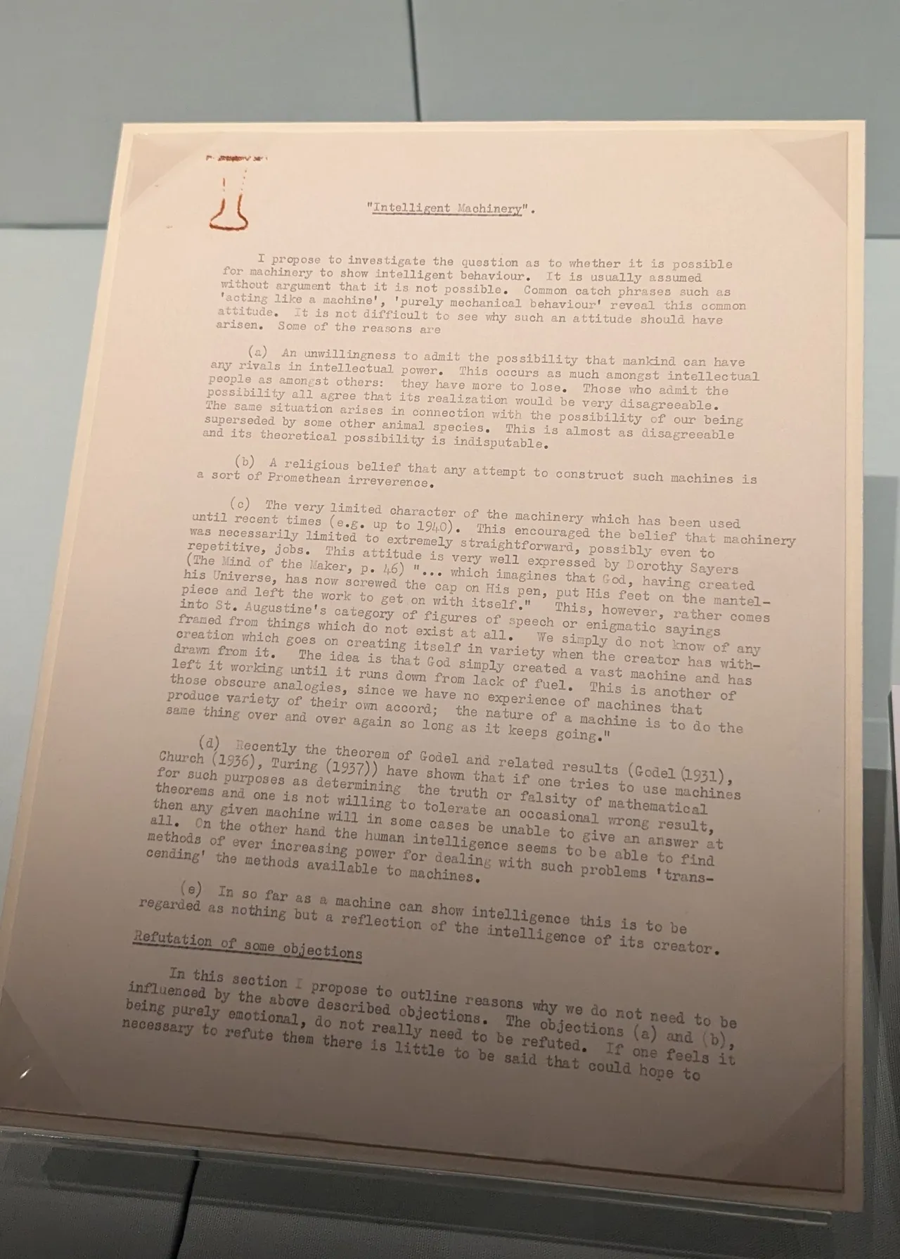 Here’s a manuscript by Alan Turing on the question of whether a piece of software could be intelligent. You might have heard of the test he proposes in this paper.